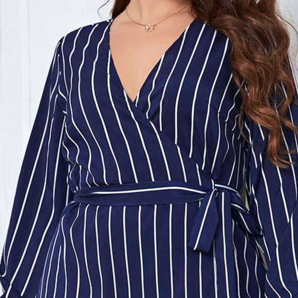 Melo Apparel Plus Size Striped Surplice Neck Long Sleeve Dress - Picture 3 of 7